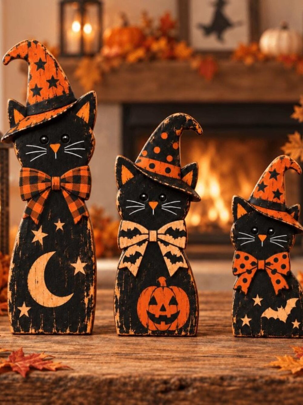 2D Halloween Cat Wooden Blocks, 3ps Wooden Halloween Tiered Tray Decor